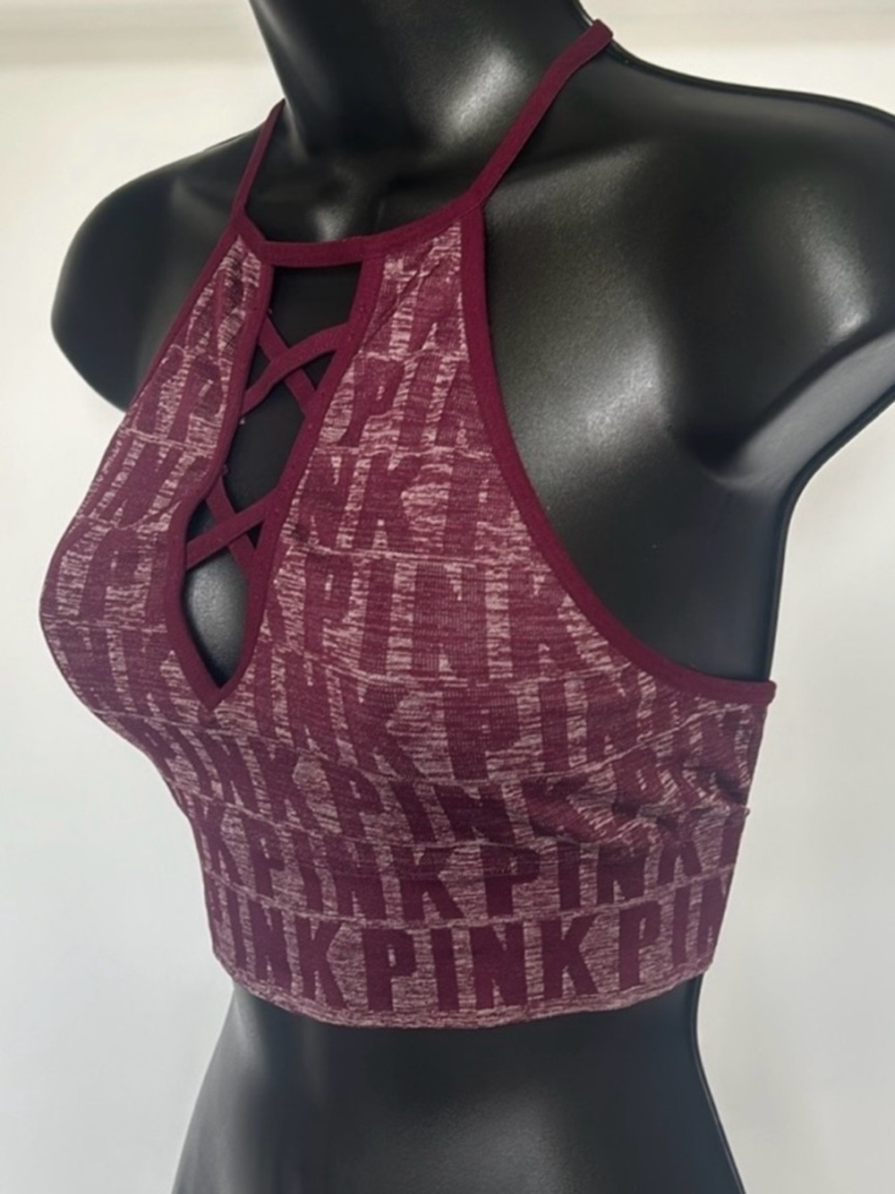 Victoria’s Secret PINK Cool & Comfy Strappy Logo Bralette Burgundy Sz Small - Picture 6 of 11